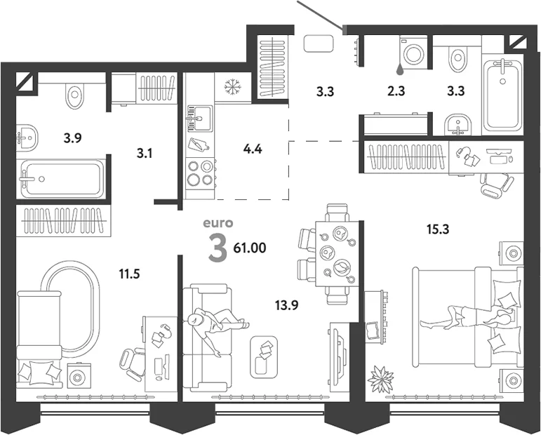 Планировка: Евротрёшка 61 м² в ЖК «Страна.Озерная»