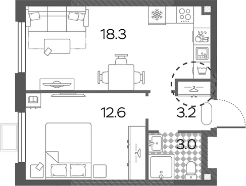 Планировка: Евродвушка 37,1 м² в ЖК «Лучи»