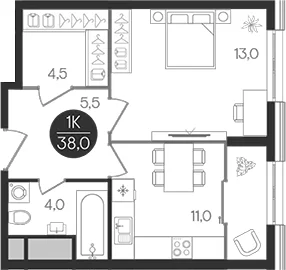 Планировка: 1-комнатная квартира 38 м² в ЖК «Кантемировский»