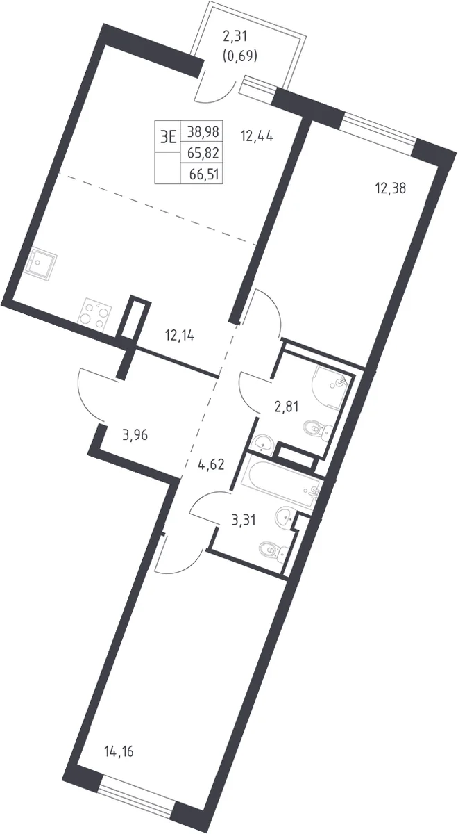 Планировка: Евротрёшка 65,8 м² в ЖК «Квартал Лаголово»
