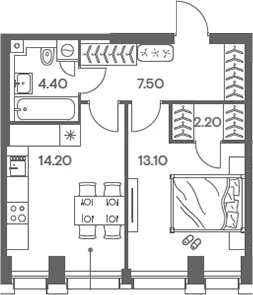 Планировка: 1-комнатная квартира 41,4 м² в ЖК «Инджой»