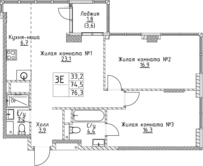 Планировка: Евротрёшка 74,5 м² в ЖК «ВЭРИ на Миклухо-Маклая»