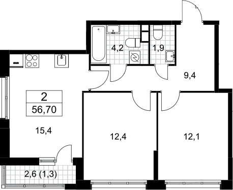 Планировка: 2-комнатная квартира 55,4 м² в ЖК «Родные кварталы»