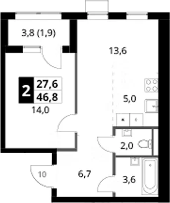 Планировка: Евродвушка 44,9 м² в ЖК «1-й Ясеневский»
