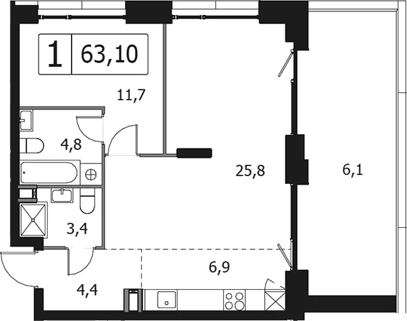 Планировка: Евродвушка 57 м² в ЖК «Клубный город на реке Примавера»