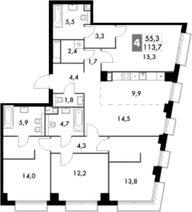 Планировка: Квартира евро-5 113,7 м² в ЖК «Сидней Сити»