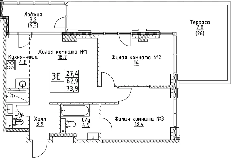 Планировка: Евротрёшка 62,9 м² в ЖК «ВЭРИ на Миклухо-Маклая»