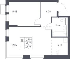 Планировка: Евродвушка 40,6 м² в ЖК «Новое Видное»