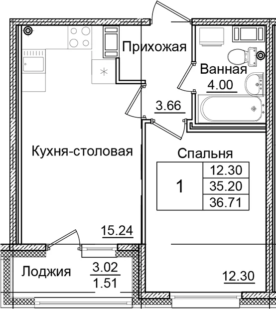 Планировка: 1-комнатная квартира 35,2 м² в ЖК «Квартал Заречье»