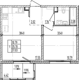 Планировка: 1-комнатная квартира 35,7 м² в ЖК «ЛесАрт»