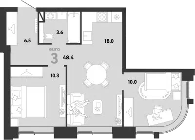Планировка: Евротрёшка 48,4 м² в ЖК «Страна.Заречная»