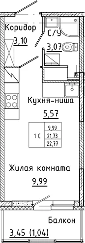 Планировка: Студия 21,7 м² в ЖК «Аквилон Янино»