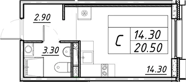 Планировка: Студия 20,5 м² в ЖК «АВЕНЮ-АПАРТ ПУЛКОВО»