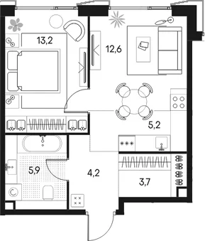 Планировка: Евродвушка 44,8 м² в ЖК «Клубный город на реке Примавера»