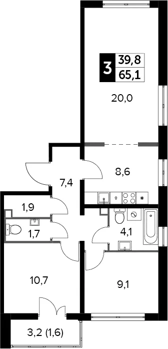 Планировка: 3-комнатная квартира 63,5 м² в ЖК «Южная Битца»
