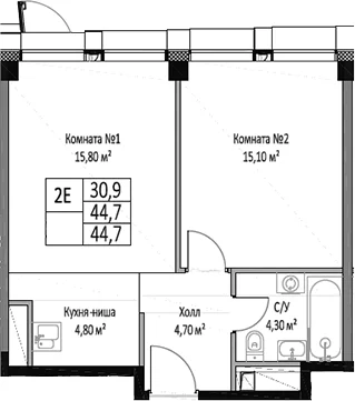 Планировка: Евродвушка 44,7 м² в ЖК «ЭМОУШН»