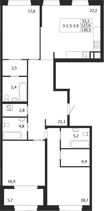 Планировка: 3-комнатная квартира 127,7 м² в ЖК «ЛДМ»