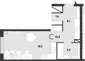Планировка: Студия 32,3 м² в ЖК «Страна.Заречная»