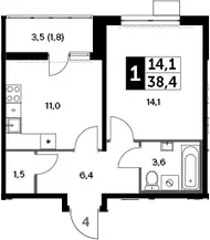 Планировка: 1-комнатная квартира 36,6 м² в ЖК «Южная Битца»