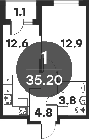 Планировка: 1-комнатная квартира 34,1 м² в ЖК «Равновесие»