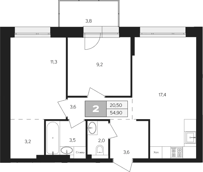 Планировка: 2-комнатная квартира 53,8 м² в ЖК «Ласточкино»