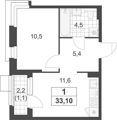 Планировка: 1-комнатная квартира 32 м² в ЖК «Южные сады»