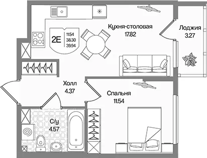 Планировка: Евродвушка 38,3 м² в ЖК «Охтинские высоты»
