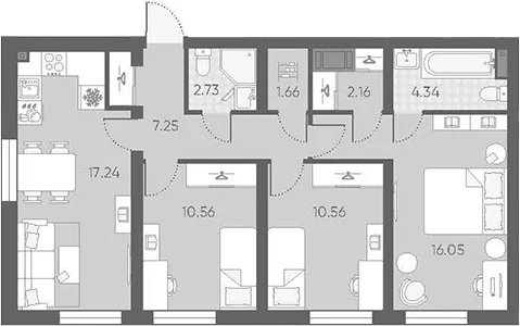 Планировка: Квартира евро-4 72,6 м² в ЖК «Морская миля»