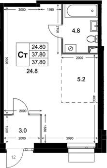 Планировка: Студия 37,8 м² в ЖК «Кореневский Форт 2.3»