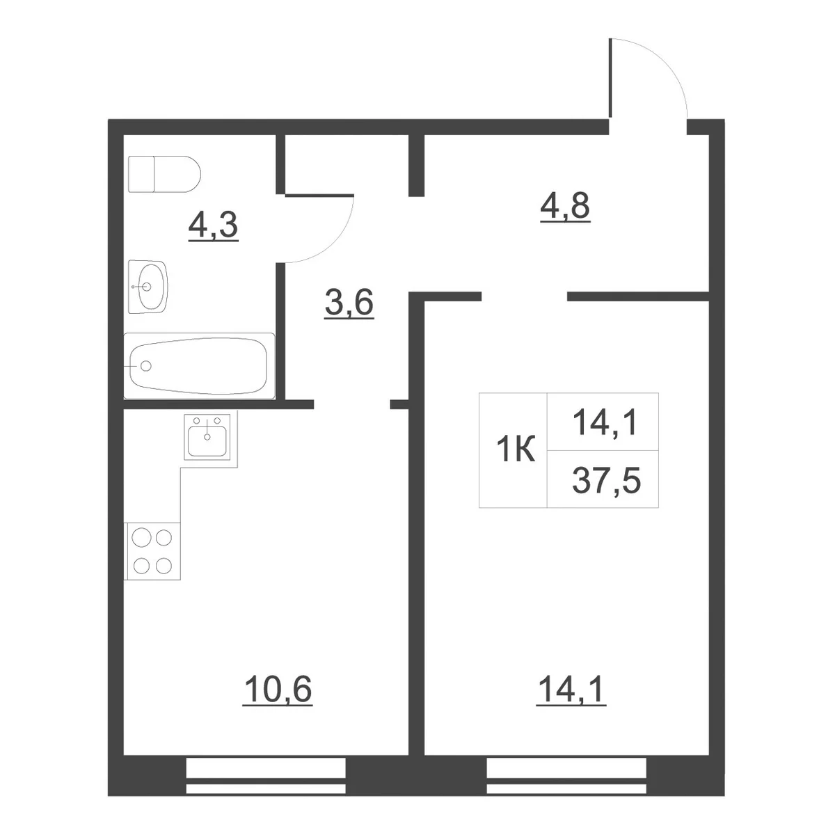 Планировка: 1-комнатная квартира 38,1 м² в ЖК «Дом на набережной. Атлантика»