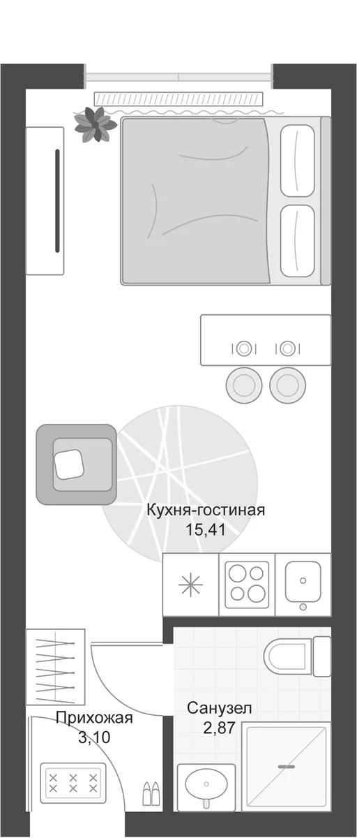 Планировка: Студия 21,4 м² в ЖК «Апарт-комплекс Первый Зеленый»