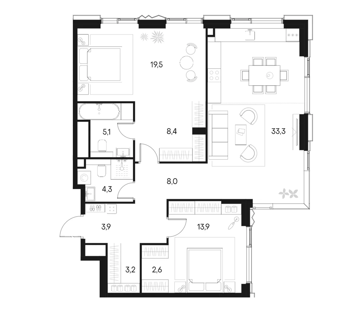 Планировка: Евротрёшка 102,2 м² в ЖК «Клубный город на реке Примавера»
