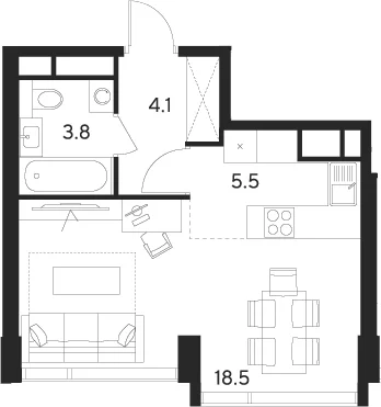 Планировка: Студия 31,9 м² в ЖК «Инди Тауэрз от Аквилон»