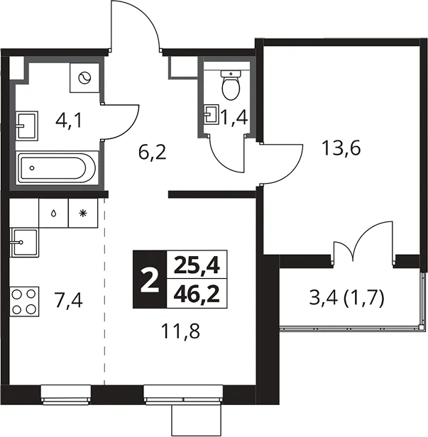 Планировка: Евродвушка 45,7 м² в ЖК «1-й Южный»
