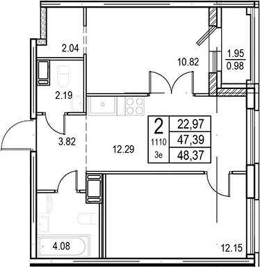 Планировка: Евротрёшка 47,4 м² в ЖК «ID Murino III»