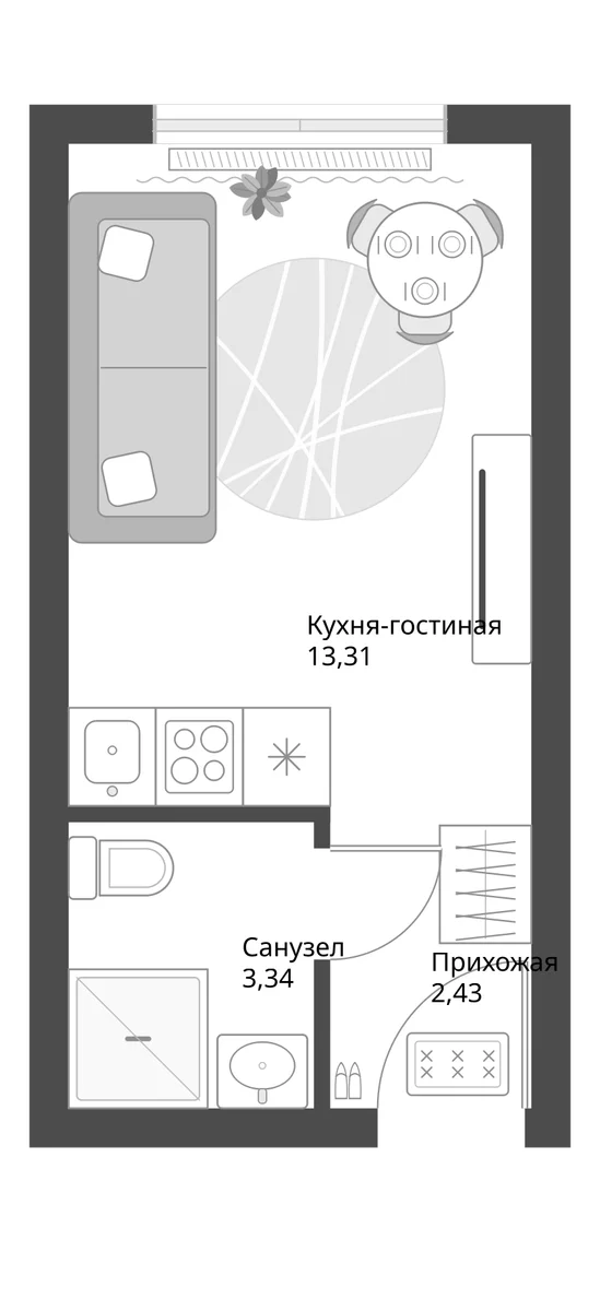 Планировка: Студия 19,1 м² в ЖК «Апарт-комплекс Первый Зеленый»