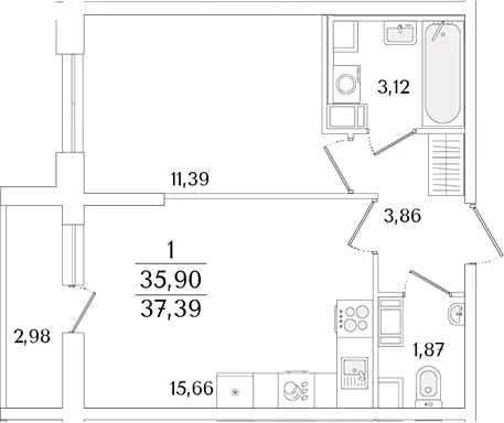 Планировка: Евродвушка 35,9 м² в ЖК «Кинопарк»