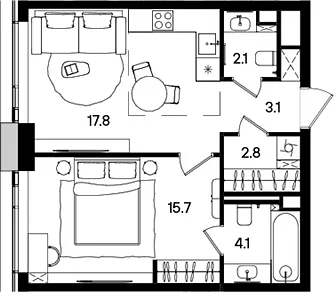 Планировка: Евродвушка 45,6 м² в ЖК «СТОУН Грэйн»
