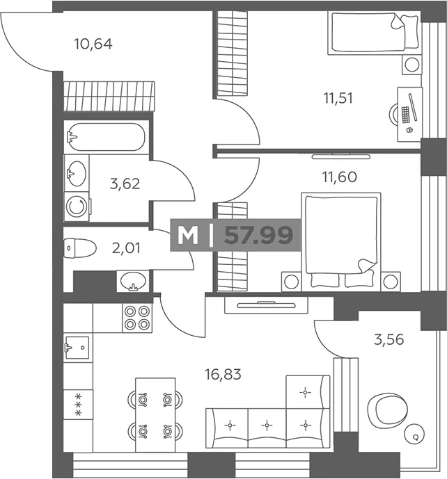 Планировка: Евротрёшка 56,2 м² в ЖК «Солар Парк»