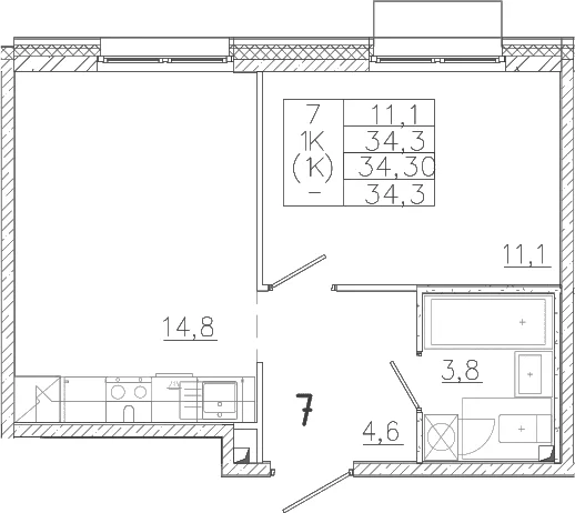 Планировка: 1-комнатная квартира 34,3 м² в ЖК «Лисино»