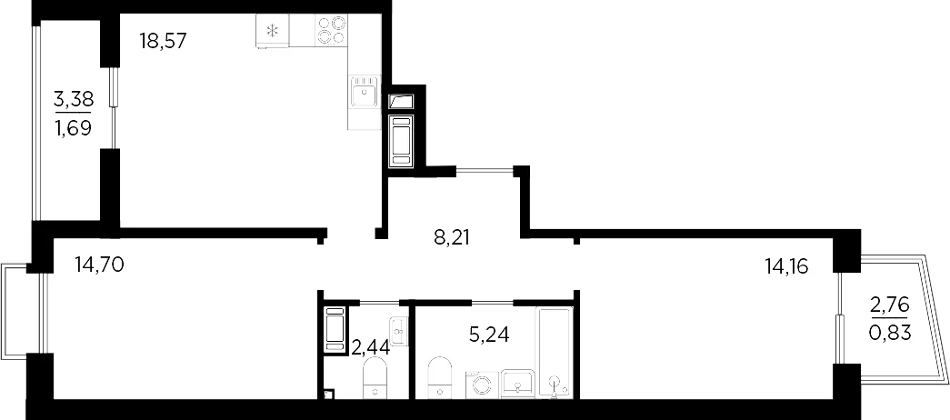 Планировка: Евротрёшка 63,3 м² в ЖК «Респект»