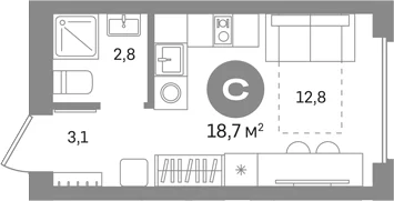 Планировка: Студия 18,7 м² в ЖК «Первый квартал. Вторая очередь»