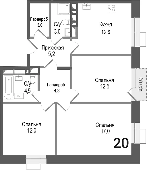 Планировка: 3-комнатная квартира 74,8 м² в ЖК «Киноквартал»
