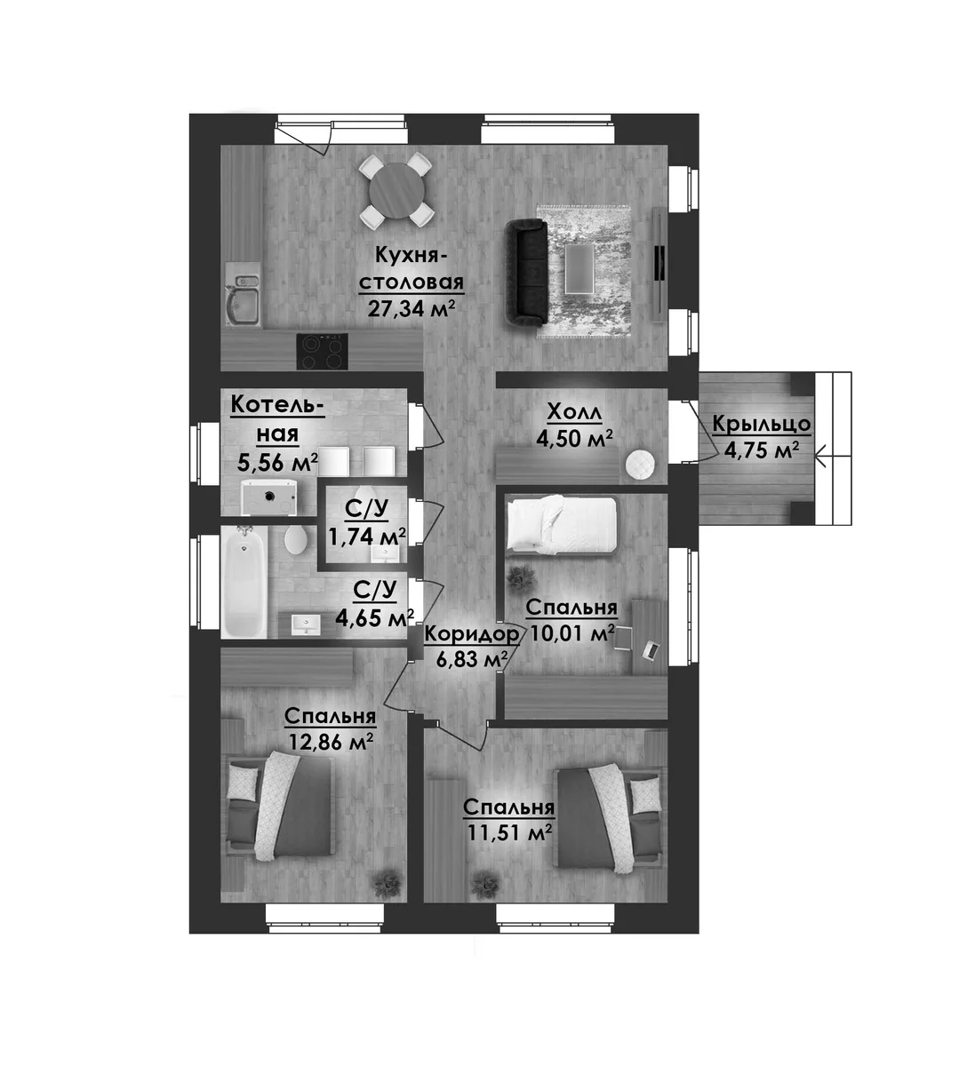 Планировка: Коттедж 90 м² в ЖК «Коттеджный поселок ВамДом Пятница»