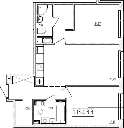 Планировка: Евротрёшка 62,9 м² в ЖК «Новый Ямбург»