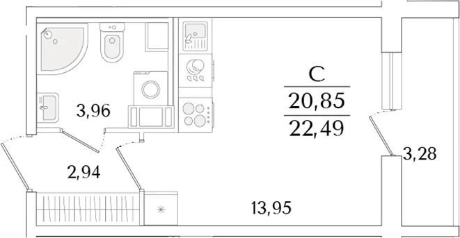 Планировка: Студия 20,9 м² в ЖК «Кинопарк»