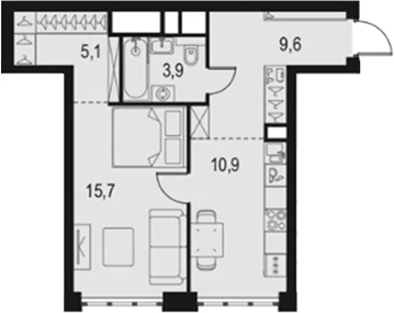 Планировка: 1-комнатная квартира 45,2 м² в ЖК «Левел Южнопортовая»