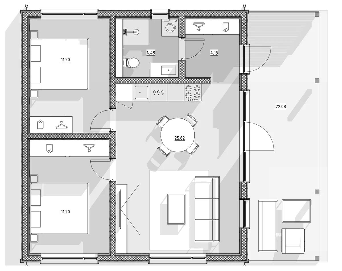 Планировка: Коттедж 56,8 м² в ЖК «Коттеджный поселок Щегловское раздолье»
