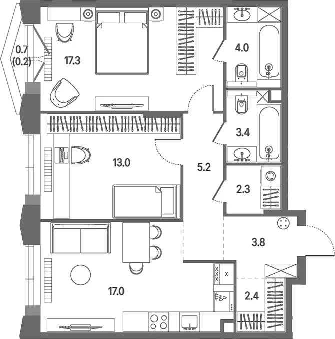 Планировка: Евротрёшка 68,4 м² в ЖК «КОД Сокольники»