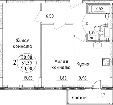Планировка: 2-комнатная квартира 51,3 м² в ЖК «Дом Союзов»